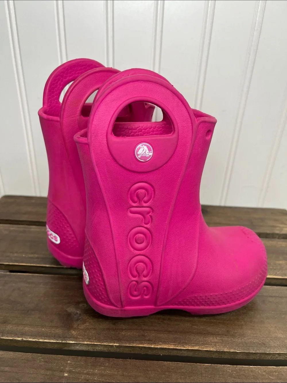 CROCS Kids Bright Pink Handle Rain Boots